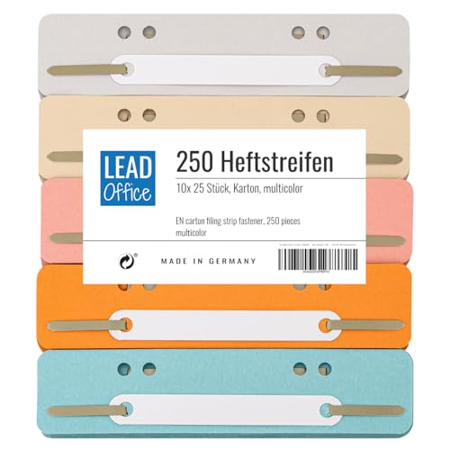 250 Heftstreifen aus Recycling-Karton in 5 Farben, Akten-Dulli farbig sortiert, 10 Bündel á 25 Stück - MADE IN GERMANY, Blauer Engel zertifiziert (250x Karton pastell-Farben) von LEAD Office