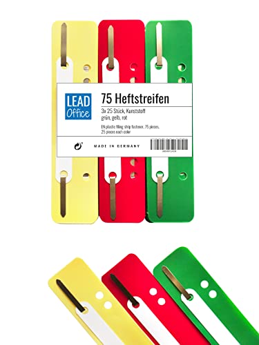 75 Heftstreifen - Kunststoff, 3 Bündel á 25 Stück - MADE IN GERMANY (grün, gelb, rot) von LEAD Office