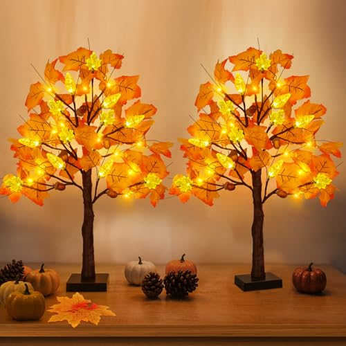 2 Stück 61 cm vorbeleuchteter Ahornbaum, Thanksgiving-Dekorationen mit 48 LED-Lichtern, Timer, batteriebetrieben, beleuchtet, Ahornbaum für Thanksgiving, künstlicher Herbst, Zuhause, von LEASEN