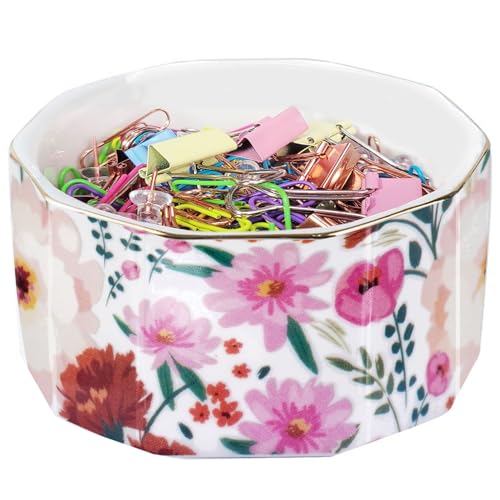 LEAZUL Keramik-Büroklammer-Halter, Gold-Linie, Büroklammer-Spender, Organizer für Schreibtisch, niedliches Blumenmuster, Büroklammer-Halter, Haarnadel und Haarspangenhalter, Geschenk für Büro, Weiß von LEAZUL