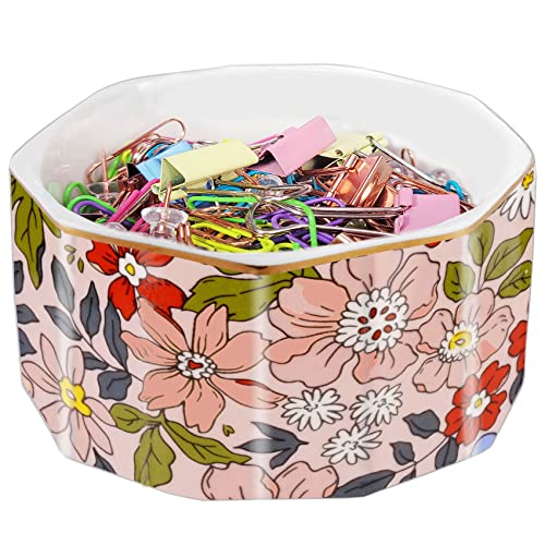 LEAZUL Keramik-Büroklammerhalter Goldlinie Büroklammer Spender Organizer für Schreibtisch Niedliches Blumenmuster Büro Binder Clip Halter Bobby Pin und Haarspange Halter Geschenk für Büro Rosa Blumen von LEAZUL