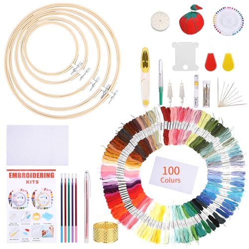 LEAZZLE 205 PCS Stickerei Set,Stickset für Anfänger,100 Farbfäden,40 Nähnadel,3 PCS Aida Tuch,5 PCS Bambus Stickrahmen, Kreuzstich Set für Erwachsene und Kinder Anfänger(mit Anleitung) von LEAZZLE
