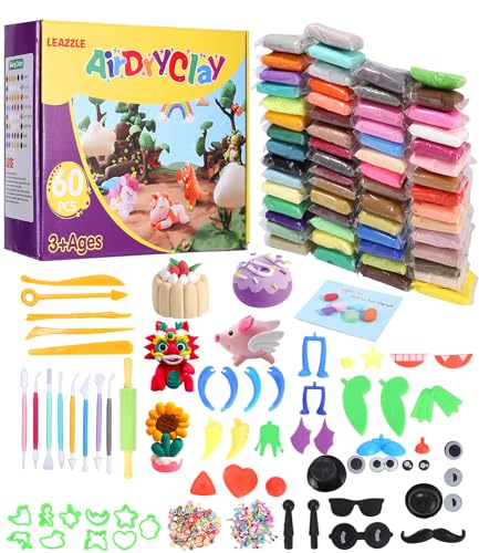 Modelliermasse Lufttrocknend - 60 Farben Magischer Knete für Kinder,DIY Formton mit werkzeugen,Tierisches Zubehör,Spielzeug Geschenke für Kinder Jungen Mädchen ab 3 4 5 6 7 8-12 Jahre von LEAZZLE