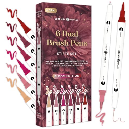 LEBENSKOMPASS® Brush Pen Set Bloom - 6 Pinselstifte in Rot- und Rosatönen - Brushpens für Handlettering, Ausmalen & Bullet Journal - Dual Tip Stifte mit feiner & flexibler Spitze von LEBENSKOMPASS