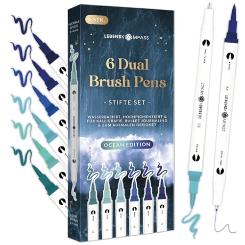 LEBENSKOMPASS® Brush Pen Set Ocean – 6 Pinselstifte in Blautönen Stifte für Handlettering, Ausmalen & Bullet Journal - Dual Tip Stifte mit feiner & flexibler Spitze von LEBENSKOMPASS