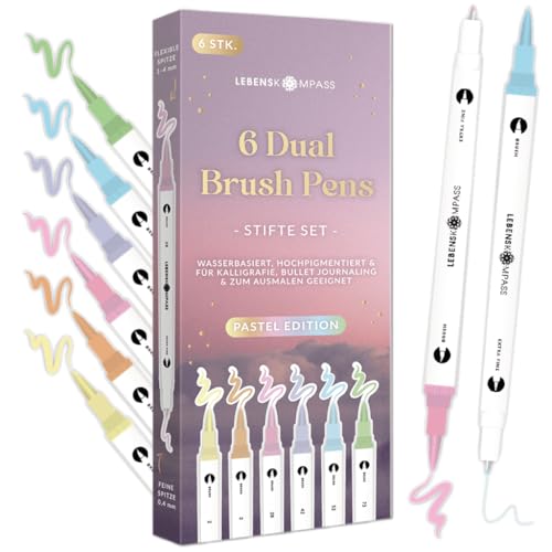 LEBENSKOMPASS® Brush Pen Set Pastel - 6 Pinselstifte in sanften Pastelltönen – Brushpens für Handlettering, Ausmalen & Bullet Journal - Dual Tip Stifte mit feiner & flexibler Spitze von LEBENSKOMPASS