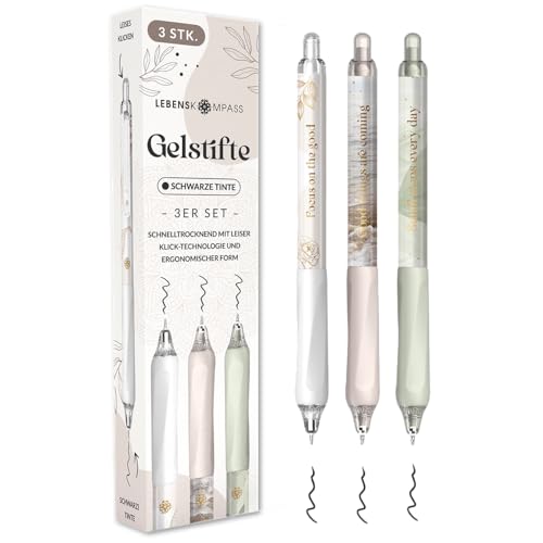 LEBENSKOMPASS® Gelstifte 3er Set Creme schwarze Tinte mit Silent-Klick-Technologie - Hochpigmentierte, Schnelltrocknende Gel Kugelschreiber - Dünne 0,5mm Strichstärke Gelschreiber - 3 Stück von LEBENSKOMPASS