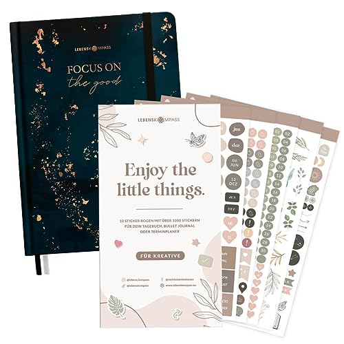 LEBENSKOMPASS Bullet Journal Set Flow mit Zubehör - Bullet Journal Pro ”LICHTJAHRE” A5 gepunktet und extra dickes Papier 120 g/m² FSC® mit Sticker Set für Bullet Journaling von LEBENSKOMPASS
