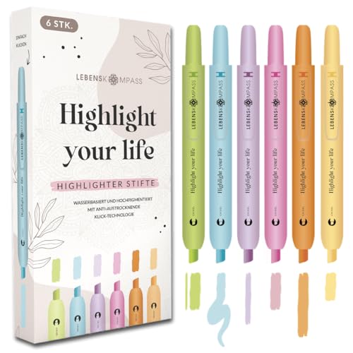 LEBENSKOMPASS Textmarker Set mit Klick-Technologie - Highlighter Pen Set mit 6 leuchtenden Farben - Pastell Textmarker mit Klick-Technologie - perfekte Marker für Bücher, Lernen & Bullet Journal von LEBENSKOMPASS