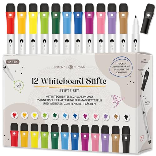 LEBENSKOMPASS Whiteboard Marker 12er Set - langlebige Whiteboard stifte abwischbar - non Permanent Marker mit feiner Spitze - 12 verschiedene Marker LEBENSKOMPASS Whiteboard Marker 12er Set - langlebige Whiteboard stifte abwischbar - non Permanent Marker mit feiner Spitze - 12 verschiedene Marker von LEBENSKOMPASS