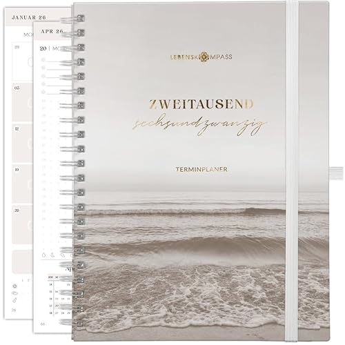Lebenskompass® Ringbuch Kalender 2026 Buchkalender A5 "DUNE" - Schöner Wochenkalender & Terminplaner 2026 - stabiles Hardcover - Taschenkalender 2026 - Buchkalender A5 + Viele Extras von LEBENSKOMPASS