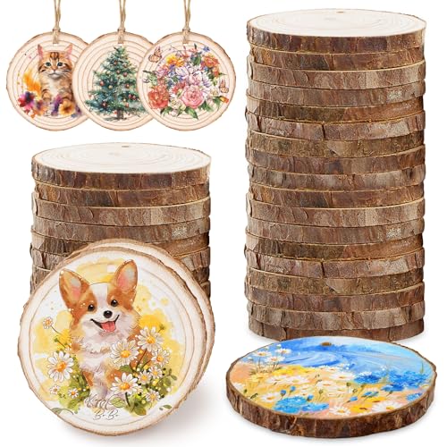 Natürliche Holzscheiben, runde Holzscheiben zum Basteln, 30 Stück, unlackierte Baumrinde, Holzkreise für Tafelaufsätze, blanko, Weihnachtsschmuck aus Holz mit Loch für DIY, Weihnachten, Kunst, Malerei von LEBERY