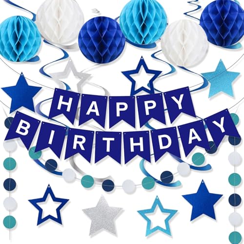 LEBKFT Blau Geburtstag Dekorationen Set, Wiederverwendbare Happy Birthday Kits mit Wabenball Banner Kreis Punkt Girlande Dekroationen und hängenden Wirbeln Luftschlangen für Jungen und Männer LEBKFT Blau Geburtstag Dekorationen Set, Wiederverwendbare Happy Birthday Kits mit Wabenball Banner Kreis Punkt Girlande Dekroationen und hängenden Wirbeln Luftschlangen für Jungen und Männer von LEBKFT
