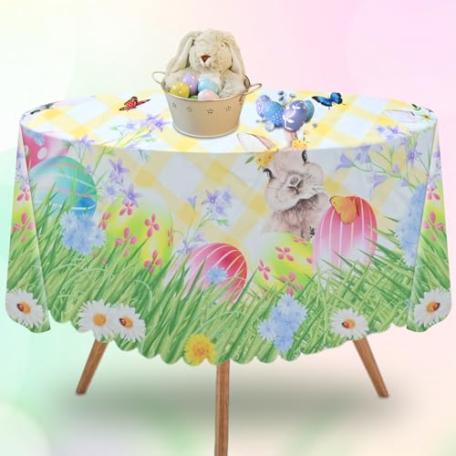 LEBKFT Oster-Tischdecke aus Kunstleinen, Ostereier-Tischdecke, wasserdicht, Küken-Hasen-Ei-Druck, wiederverwendbare Osterdekorationen, Tischdecke für Osterdekorationen (D 150 x 150 cm) von LEBKFT