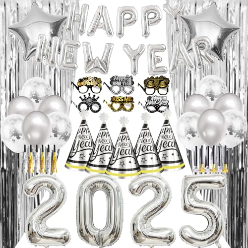 Silvester Deko 2025 Silber Happy New Year Folienballons Silvester Banner 2025 Ballon XXL Neujahr Partyhüte Silvester Papierbrille Neujahr Partytröten Neujahr Party Deko für Silvester Dekoration von LECONCES