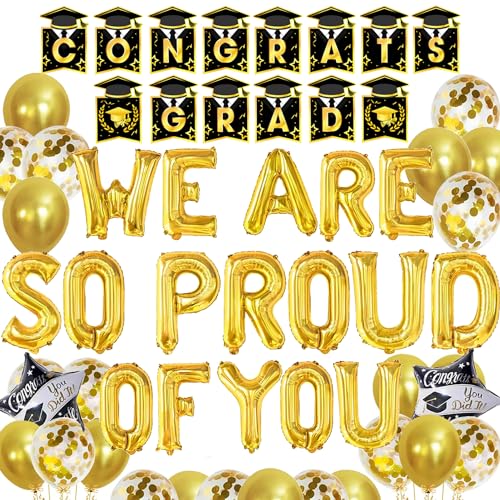 Abschlussdekoration 2024 Schwarz Gold, Congrats Grad Banner We Are So Proud Of You Dekoration Ballon, 2024 Graduation Party Dekorationen für College High School von LECONCES