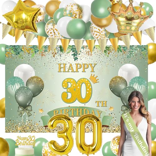 Deko 30 Geburtstag Frau Männer, Grün Gold Geburtstag Deko 30 mit 30 Geburtstag Dekoration Banner Hintergrund, 30. Geburtstag Schärpe,30 Jahr Geburtstagdeko Girlande Ballons Grün Gold , 30. Tortendeko von LECONCES