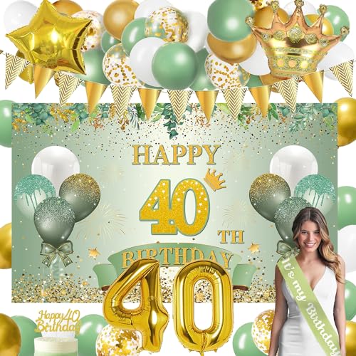 Deko 40 Geburtstag Frau Männer, Grün Gold Geburtstag Deko 40 mit 40 Geburtstag Dekoration Banner Hintergrund, 40. Geburtstag Schärpe, 40 Jahr Geburtstagdeko Girlande Ballons Grün Gold , 40. Tortendeko von LECONCES