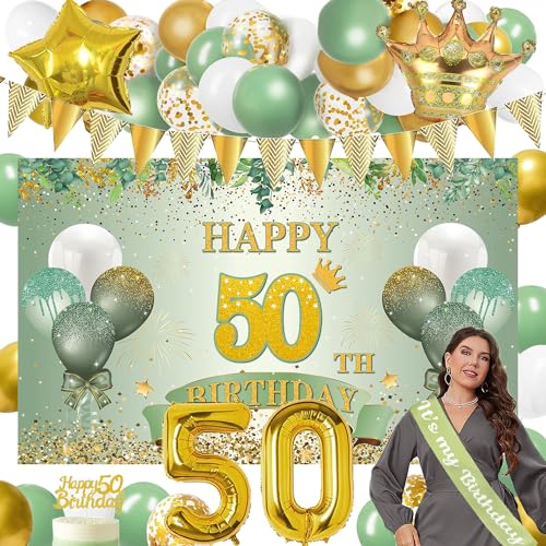 Deko 50 Geburtstag Frau Männer, Grün Gold Geburtstag Deko 50 mit 50 Geburtstag Dekoration Banner Hintergrund, 50. Geburtstag Schärpe, 50 Jahr Geburtstagdeko Girlande Ballons Grün Gold , 50. Tortendeko von LECONCES