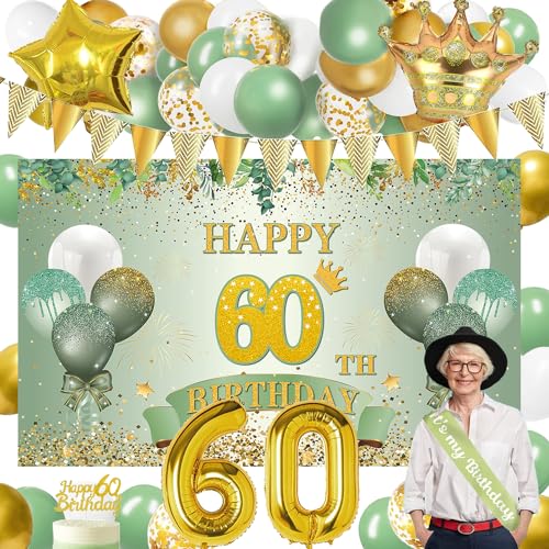 Deko 60 Geburtstag Frau Männer, Grün Gold Geburtstag Deko 60 mit 60 Geburtstag Dekoration Banner Hintergrund, 60. Geburtstag Schärpe, 60 Jahr Geburtstagdeko Girlande Ballons Grün Gold , 60. Tortendeko von LECONCES