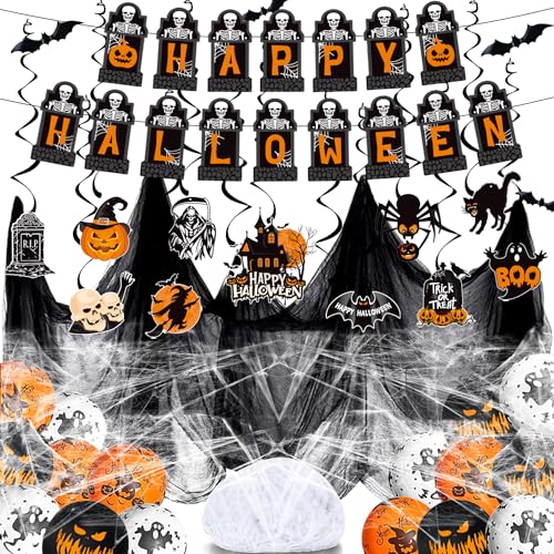 Halloween Deko Set- Gruselig Halloween Dekostoff Tuch Happy Halloween Girlande, Spiralen Deckendeko, Halloween Luftballons, Halloween Spinnennetz, 3D Fledermaus Wanddeko von LECONCES