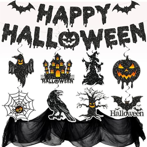 Halloween Deko Set XXL- Gruselig Halloween Dekostoff Tuch Glitzer Happy Halloween Girlande, Spiralen Deckendeko, Horror Halloween Deko Halloween Deko Set XXL- Gruselig Halloween Dekostoff Tuch Glitzer Happy Halloween Girlande, Spiralen Deckendeko, Horror Halloween Deko von LECONCES