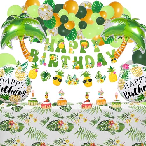 Hawaiianische Partydekorationen, tropische Partydekorationen, hawaiianische Tischdecke Ballon Kit Happy Birthday Banner, Palme Ananas Girlande für Geburtstagsfeier Strand Party Sommer Dekor von LECONCES