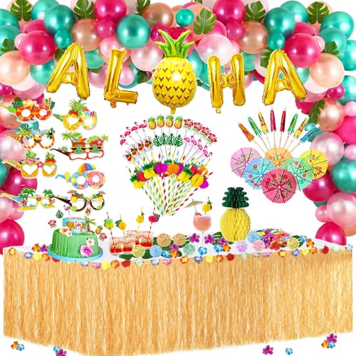 Hawaiianisches tropisches Party-Dekorationsset, hawaiianische Ballon-Girlande, Hawaii-Luau-Gras-Tischröcke, Aloha-Folienballon, hawaiianische Blumen und Palmblätter, Sommer-Grill-Tiki-Bar, von LECONCES
