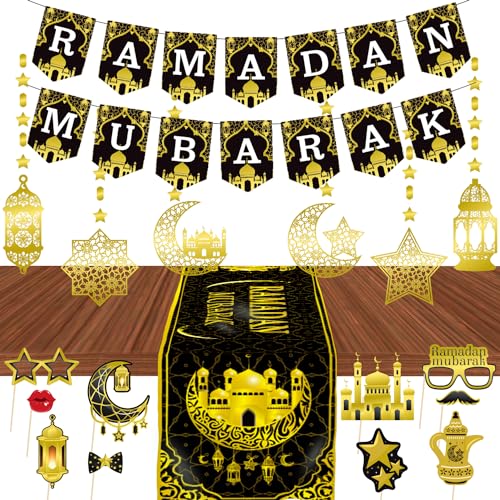 LECONCES Ramadan Deko Set - Eid Dekoration Ramadan Mubarak Banner, Girlande, Foto-Requisiten, Tischläufer, Gold Stern Mond Dekorationen für Eid Festival Party Dekoration LECONCES Ramadan Deko Set - Eid Dekoration Ramadan Mubarak Banner, Girlande, Foto-Requisiten, Tischläufer, Gold Stern Mond Dekorationen für Eid Festival Party Dekoration von LECONCES