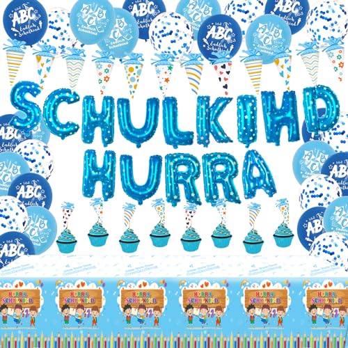 Schulanfang Einschulung Deko Jungen, Schulanfang Tisch Dekoration HURRA SCHULKIND Girlande + 8 Einschulung Torten Deko + Zuckertüten Girlande + 15 Luftballons mit ABC + 1 Schulanfang Tischdecken Blau Schulanfang Einschulung Deko Jungen, Schulanfang Tisch Dekoration HURRA SCHULKIND Girlande + 8 Einschulung Torten Deko + Zuckertüten Girlande + 15 Luftballons mit ABC + 1 Schulanfang Tischdecken Blau von LECONCES