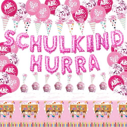 Schulanfang Einschulung Deko Mädchen, Schulanfang Tisch Dekoration HURRA SCHULKIND Girlande + 8 Einschulung Torten Deko + Zuckertüten Girlande + 15 Luftballons mit ABC+ 1 Schulanfang Tischdecken Rosa Schulanfang Einschulung Deko Mädchen, Schulanfang Tisch Dekoration HURRA SCHULKIND Girlande + 8 Einschulung Torten Deko + Zuckertüten Girlande + 15 Luftballons mit ABC+ 1 Schulanfang Tischdecken Rosa von LECONCES