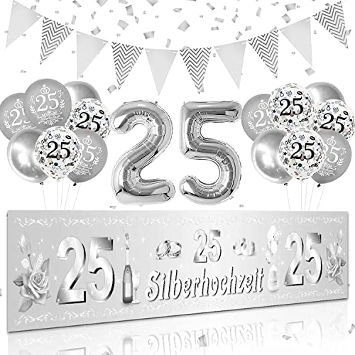 Silberhochzeit Deko, 25 Jahre Silberhochzeit Luftballons, Lang 25 Silber Hintergrund Banner Girlande für Silberne Hochzeit 25. Hochzeitstag Deko von LECONCES