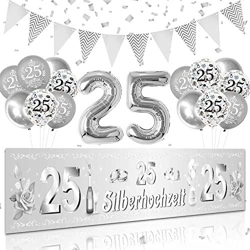 Silberhochzeit Deko, 25 Jahre Silberhochzeit Luftballons, Lang 25 Silber Hintergrund Banner Girlande für Silberne Hochzeit 25. Hochzeitstag Deko Silberhochzeit Deko, 25 Jahre Silberhochzeit Luftballons, Lang 25 Silber Hintergrund Banner Girlande für Silberne Hochzeit 25. Hochzeitstag Deko von LECONCES