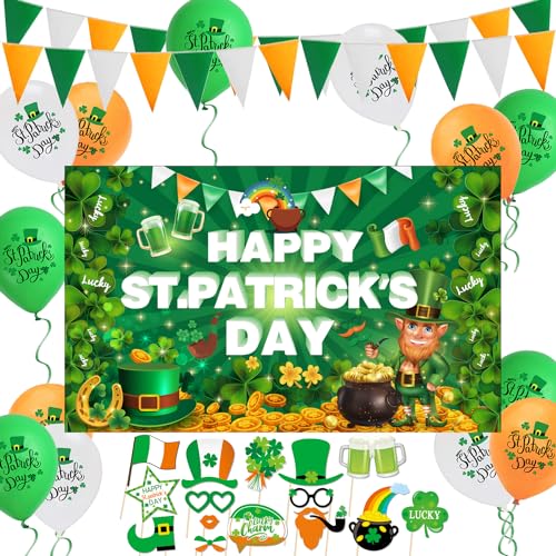 St. Patrick's Day Dekorationen, große Happy St. Patrick's Day Hintergrund Banner Irische Wimpel Banner Irische Photo Booth Requisiten Latex Ballons für Irish St Patricks Party Decor Zubehör von LECONCES