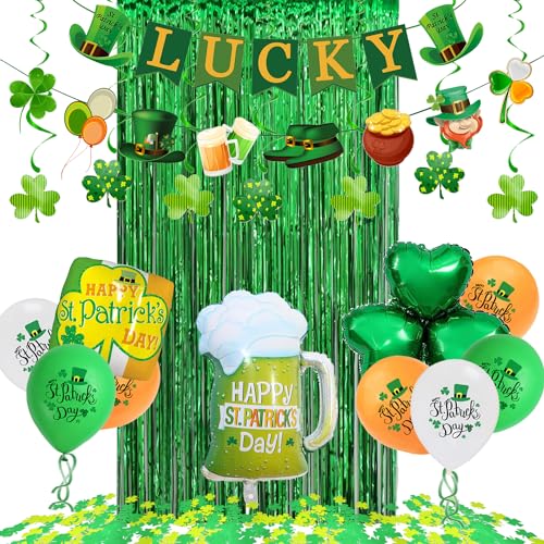St. Patricks Day Dekorationen für irische Partyzubehör, grüne Folienvorhang, Luftschlangen Hintergrund, Kleeblatt hängende Wirbel, Glücksbanner, Kleeblattballon und Konfetti von LECONCES