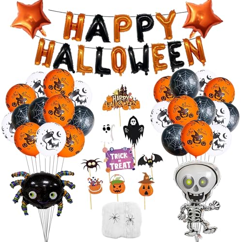 XXL Halloween Deko Set, Happy Halloween Folienluftballons Grusel Halloween Luftballons Schwarz Orange, Halloween Spinnennetz, Grusel Fotorequisiten fur Halloween Party XXL Halloween Deko Set, Happy Halloween Folienluftballons Grusel Halloween Luftballons Schwarz Orange, Halloween Spinnennetz, Grusel Fotorequisiten fur Halloween Party von LECONCES