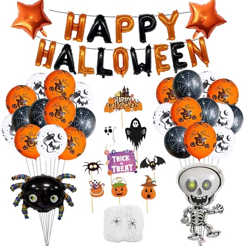XXL Halloween Deko Set, Happy Halloween Folienluftballons Grusel Halloween Luftballons Schwarz Orange, Halloween Spinnennetz, Grusel Fotorequisiten fur Halloween Party von LECONCES