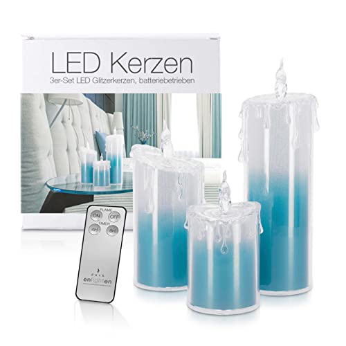 LED Universum - LED Acryl Glitzerkerzen Set „Liza“, 13,5 cm | 17 cm | 24 cm, inkl. IR-Fernbedienung & Timer, Batteriebetrieben je 3 x AAA (nicht inkl.) (3er Set Blau) von LED Universum