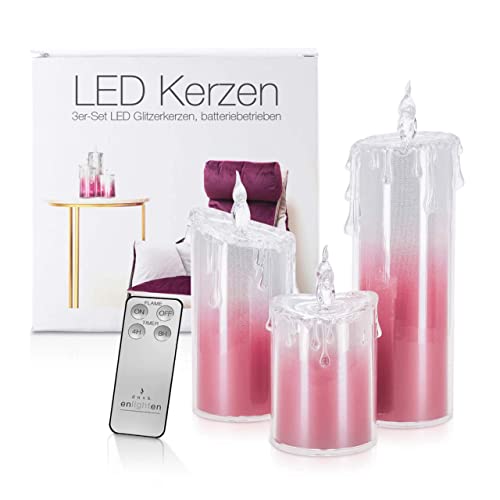 LED Universum - LED Acryl Glitzerkerzen Set „Liza“, 13,5 cm | 17 cm | 24 cm, inkl. IR-Fernbedienung & Timer, Batteriebetrieben je 3 x AAA (nicht inkl.) (3er Set Pink) von LED Universum