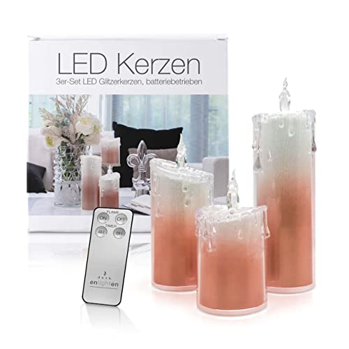 LED Universum - LED Acryl Glitzerkerzen Set „Liza“, 13,5 cm | 17 cm | 24 cm, inkl. IR-Fernbedienung & Timer, Batteriebetrieben je 3 x AAA (nicht inkl.) (3er Set Rot) von LED Universum