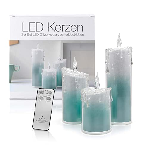 LED Universum - LED Acryl Glitzerkerzen Set „Liza“, 13,5 cm | 17 cm | 24 cm, inkl. IR-Fernbedienung & Timer, Batteriebetrieben je 3 x AAA (nicht inkl.) (3er Set Türkis) von LED Universum