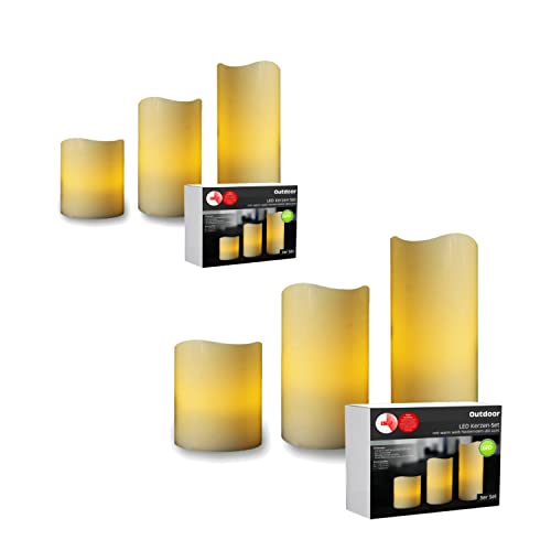 LED Universum - Outdoor LED Kerzen 3er Set weiß mit 5h Timer 10cm 15cm 20cm mit Ein/Ausschalter, batteriebetrieben mit jeweils 2 x AA (exkl.) für Balkon Garten Terrasse Party Grillabend (2 Sets) von LED Universum