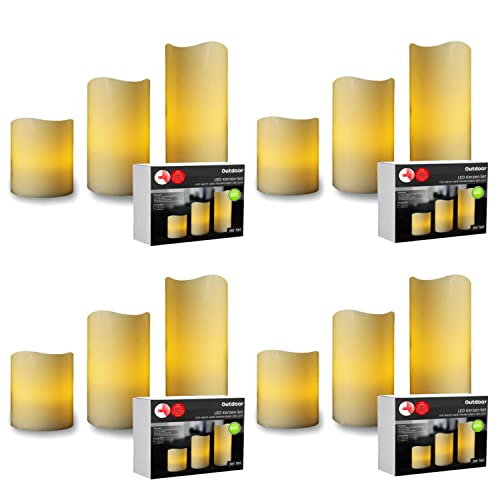 LED Universum - Outdoor LED Kerzen 3er Set weiß mit 5h Timer 10cm 15cm 20cm mit Ein/Ausschalter, batteriebetrieben mit jeweils 2 x AA (exkl.) für Balkon Garten Terrasse Party Grillabend (4 Sets,) von LED Universum