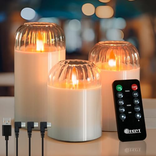 LEDHOLYT Wiederaufladbare flammenlose Kerze, Blinkende LED Stumpenkerze Echtwachskerze mit Fernbedienung und Timer, Weiß Kürbis Glas Elektronische Kerzen für Raumdekoration, 1 Set von 3 LEDHOLYT Wiederaufladbare flammenlose Kerze, Blinkende LED Stumpenkerze Echtwachskerze mit Fernbedienung und Timer, Weiß Kürbis Glas Elektronische Kerzen für Raumdekoration, 1 Set von 3 von LEDHOLYT