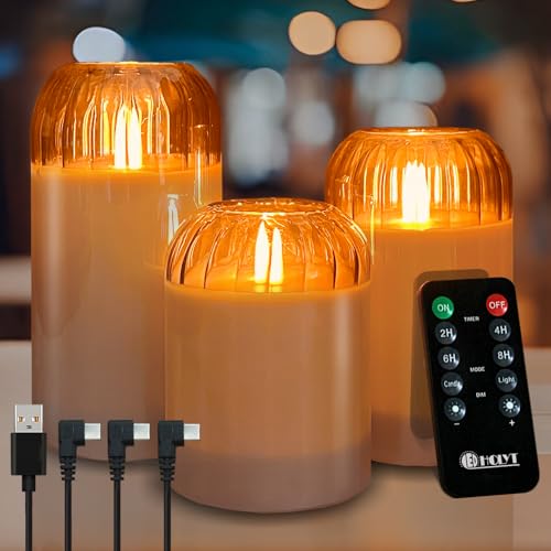 LEDHOLYT Wiederaufladbare flammenlose Kerze, blinkende LED-Stumpen-Echtwachskerze mit Fernbedienung und Timer, graue Kürbisglaskerzen für Raumdekoration, 1 Set mit 3 Stück LEDHOLYT Wiederaufladbare flammenlose Kerze, blinkende LED-Stumpen-Echtwachskerze mit Fernbedienung und Timer, graue Kürbisglaskerzen für Raumdekoration, 1 Set mit 3 Stück von LEDHOLYT