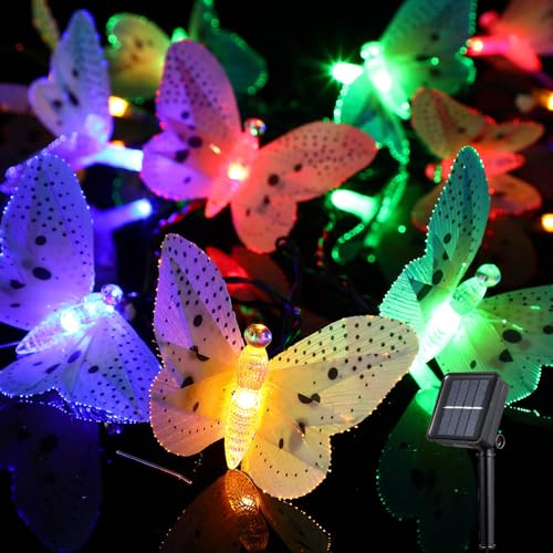 LEDMomo Solar-LED-Lichterkette mit Schmetterlingen, mehrfarbiges Licht, wasserdicht, für Außen, Haus, Garten, Terrasse, Rasen, Dekoration, Beleuchtung von LEDMOMO