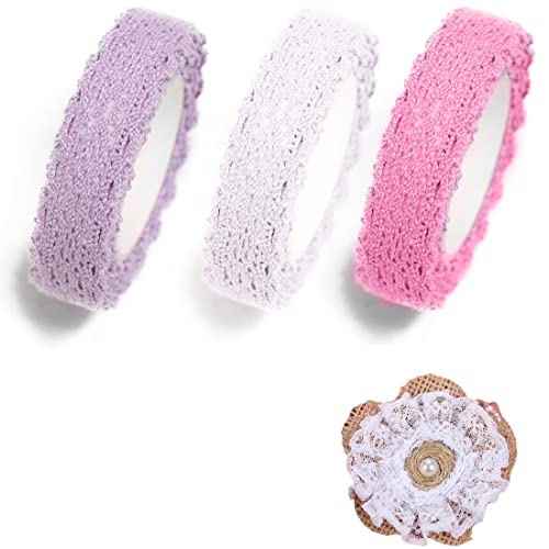 LEDSHLIU vintage deko,bordüre selbstklebend,spitzenband,3 Rollen Spitzenband Vintage-Band,für Hochzeit, Party, Ostern, Weihnachten, Tischdekoration, Basteln, 1,5 cm x 2 m (weiß, rosa, lila) von LEDSHLIU