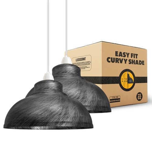 LEDSone Industrielle Decken-Pendelleuchtenschirme, Retro-Vintage-Stil, Pendelleuchtenschirm für hängende Deckenleuchten (Gebürstetes Silber, 2er-Pack) von LEDSone