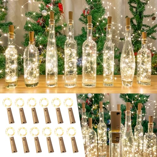 LEECOCO Led flaschenlicht, 2m 20led 12 Stück Verdoppeln Sie die Beleuchtungszeit, Flaschenlichterkette korken,für Weihnachten,Party, Hochzeit (12 Stück, Warmweiß Dual-Batterien) von LEECOCO
