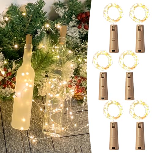LEECOCO Led flaschenlicht, 2m 20led 6 Stück Verdoppeln Sie die Beleuchtungszeit, Flaschenlichterkette korken,für Weihnachten,Party, Hochzeit (6 Stück, Warmweiß Dual-Batterien) von LEECOCO